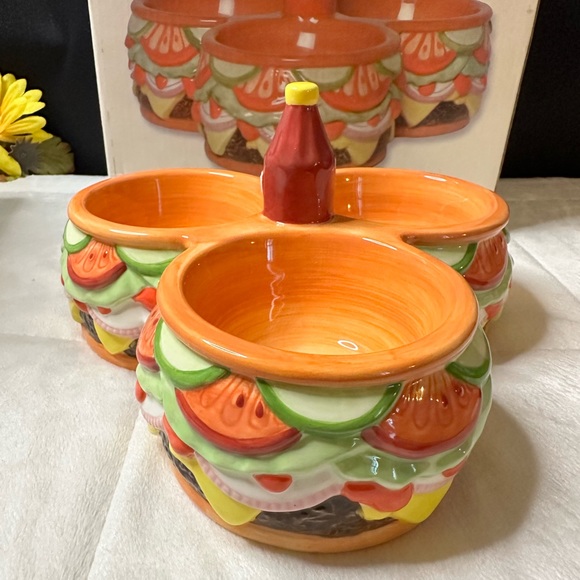 New Pacific Vintage Cheeseburger Tri-Server Condiment Dish w/Ketchup Bottle Knob - Picture 3 of 14